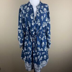 Time to Bloom Long Sleeve Dress Plus Size 2X Blue White, Paisley Print